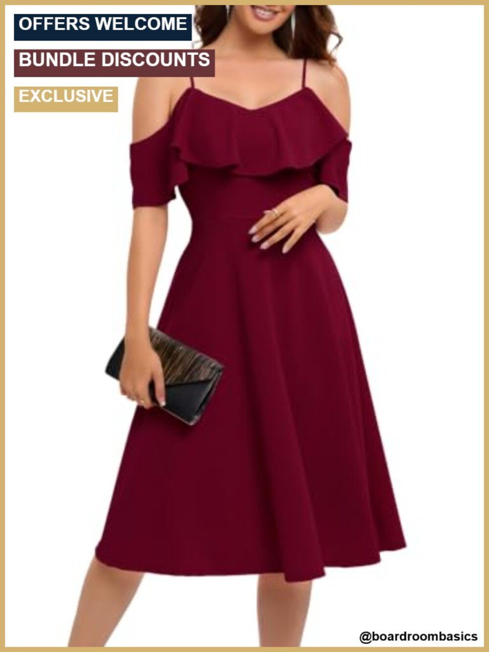 Off Shoulder Ruffle Midi A-Line Cocktail Dress Spaghetti Strap Formal